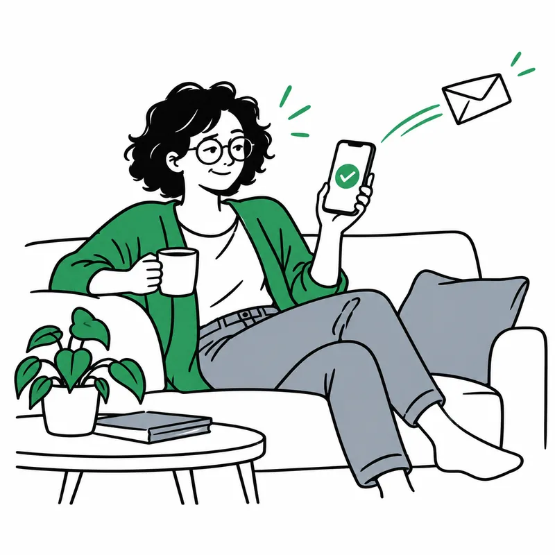 Claire détendue sur son canapé, une tasse à la main, regarde son téléphone qui affiche une coche ; une enveloppe s'envole de l'écran.