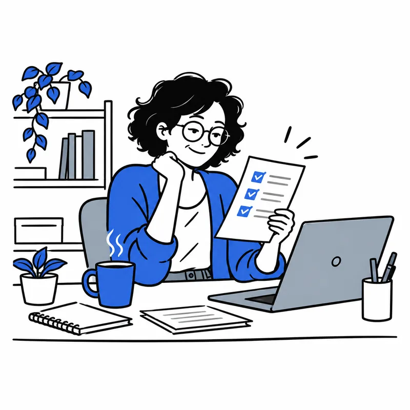 Claire, sereine à un bureau rangé, relit une feuille unique cochée, une tasse fumante à côté d'elle.