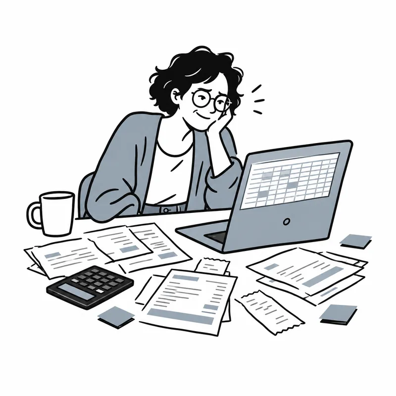 Claire devant un ordinateur portable affichant un grand tableur, entourée de relevés bancaires, d'une calculatrice et de notes éparpillées.