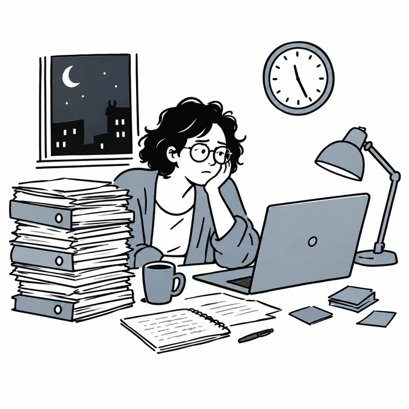 Claire tard le soir à son bureau, le menton dans la main, à côté d'une pile de classeurs, sous une horloge qui affiche une heure tardive.