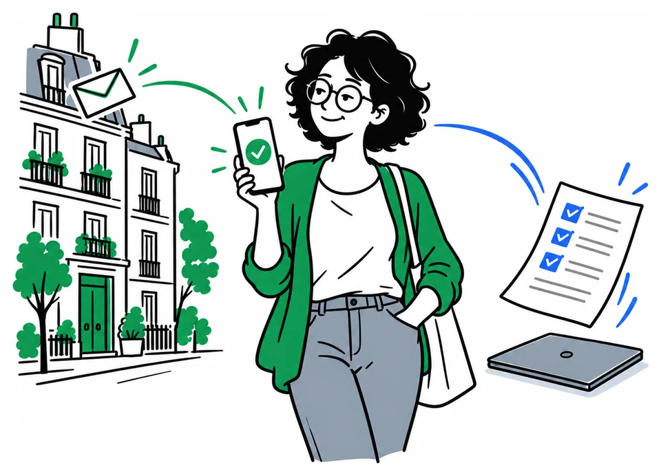 Claire, souriante, tient son téléphone qui affiche une coche. À gauche, une enveloppe part vers un immeuble parisien, en vert ; à droite, une déclaration cochée flotte au-dessus d'un ordinateur fermé, en bleu.